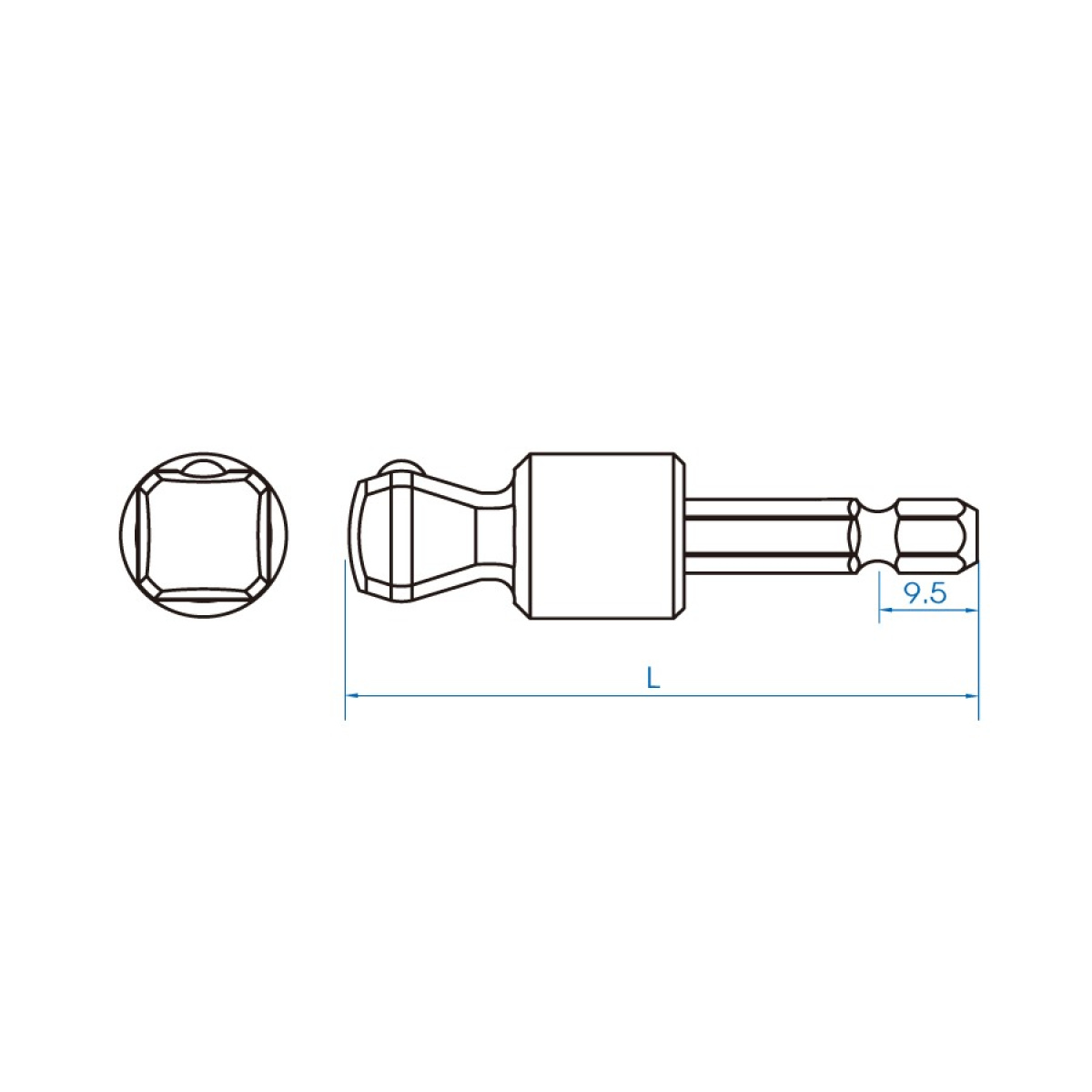 Adapter úhlový s kuličkou 4 hran 3/8 pro vrtačky 6 hran 1/4 L 56 mm