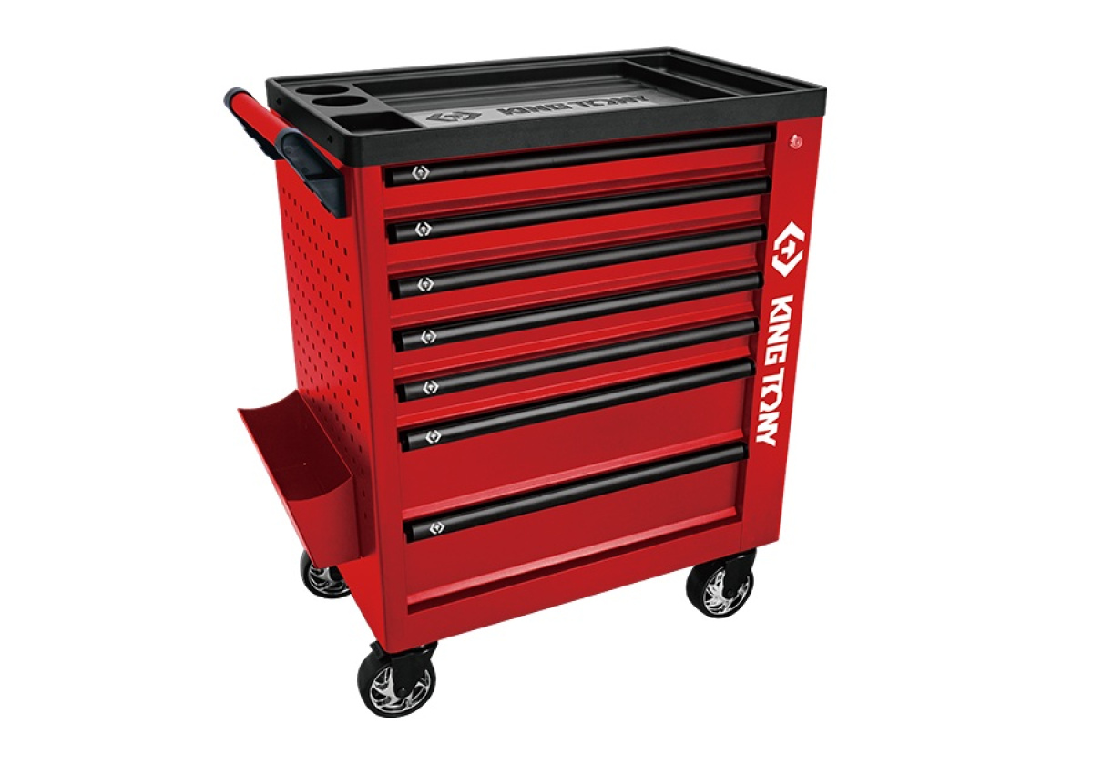 Vozík dílenský, 7 šuplíků, boční kabinet a odpadkový koš, červený