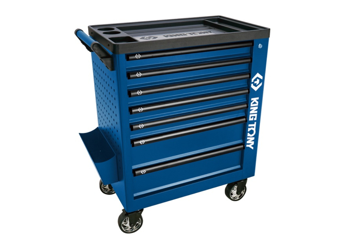 Vozík dílenský, 7 šuplíků, boční kabinet a odpadkový koš, modrý