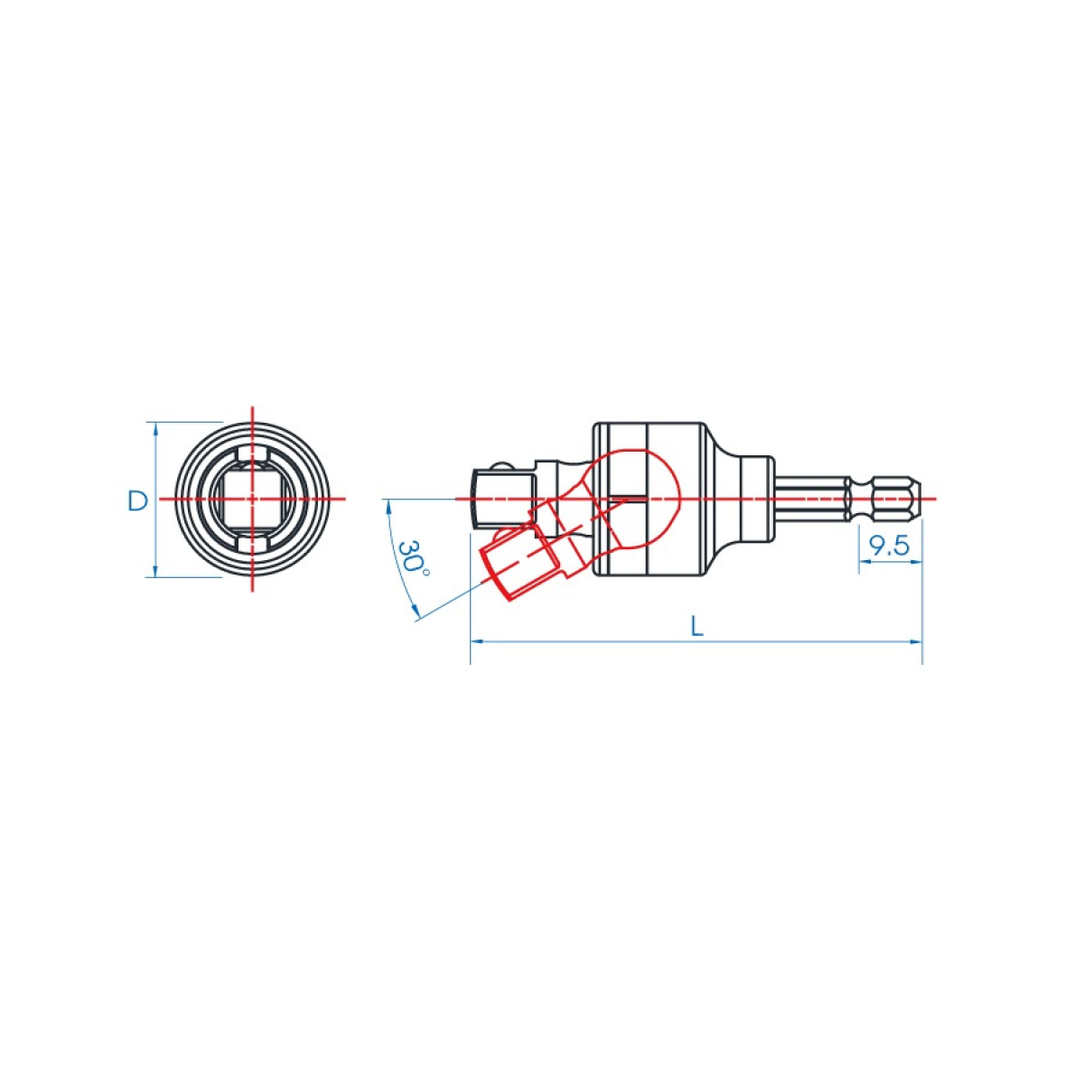 Adapter kloubový s kuličkou 4 hran 1/2 pro vrtačky 6 hran 1/4 L 85 mm