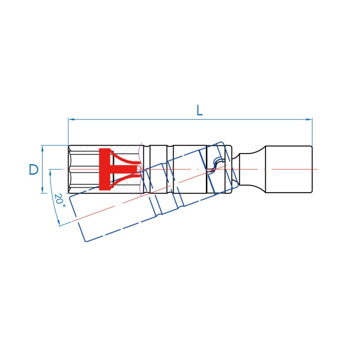 3/8 hlavice na svíčky s kloubem, 12 hran, kovový klip, 14mm x 94mm