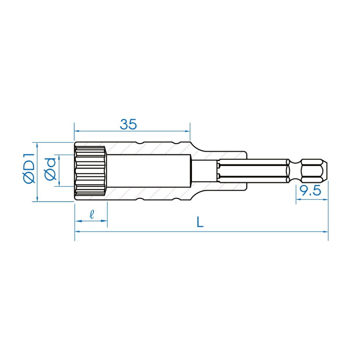 Hlavice 12 hran pro vrtačky 1/4 14mm x 80 mm