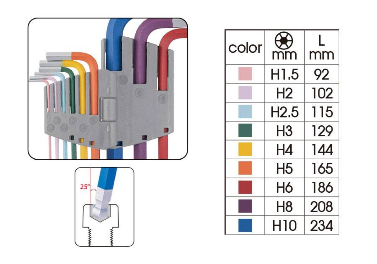 Sada L klíčů INBUS s kuličkou dlouhé barevné 1,5-10 mm, 9ks