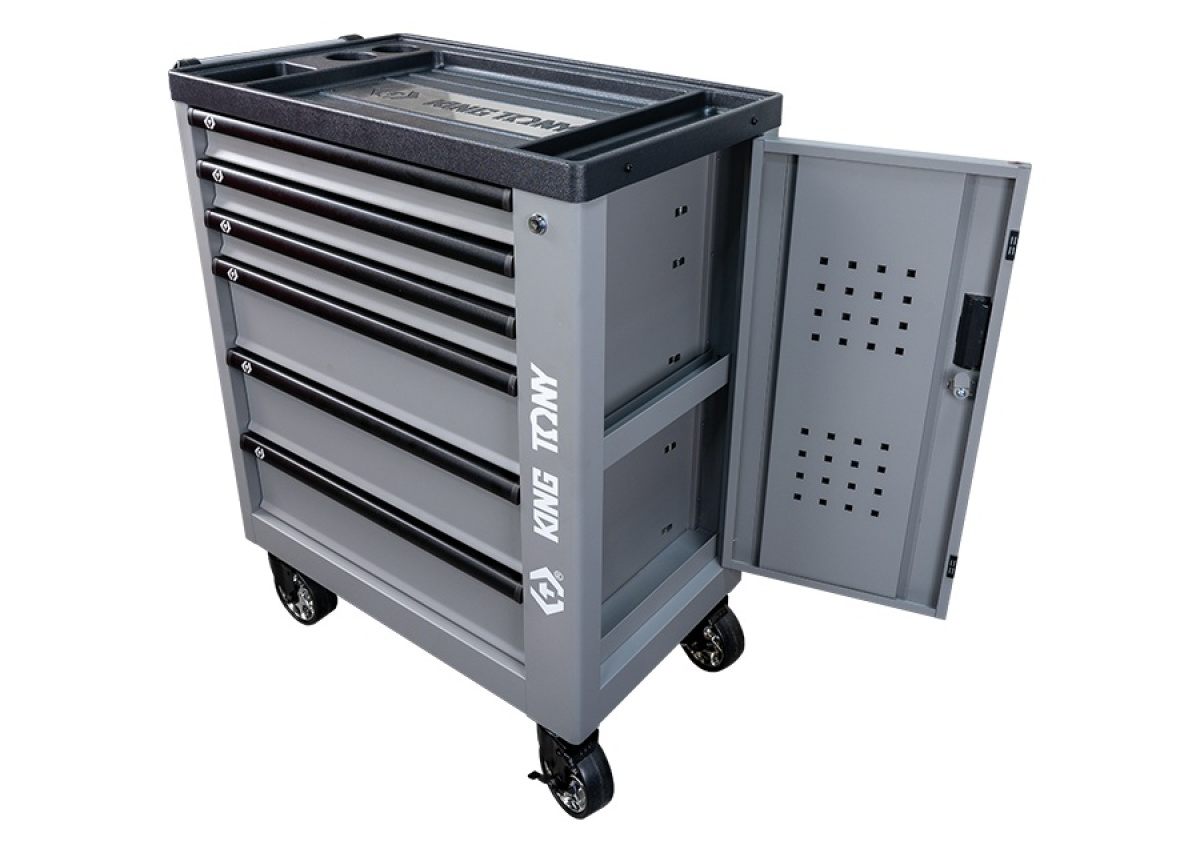 Vozík dílenský, 7 šuplíků, boční kabinet a odpadkový koš, šedý