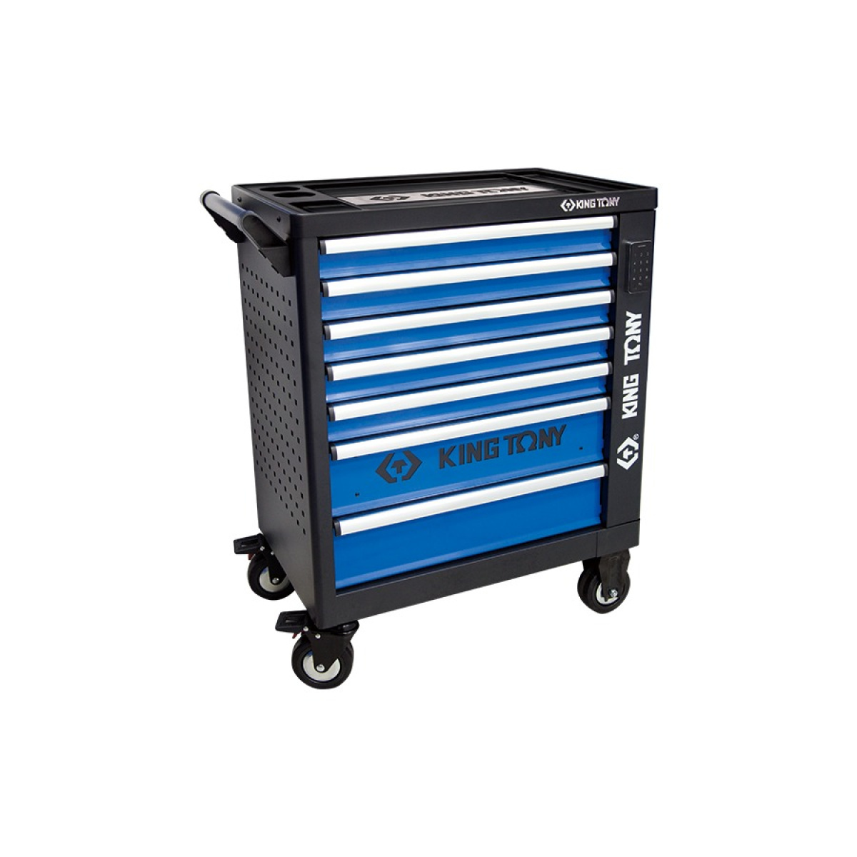 Montážní vozík s elektronickým zámkem, 7 šuplíků a boční kabinet, černo-modrý