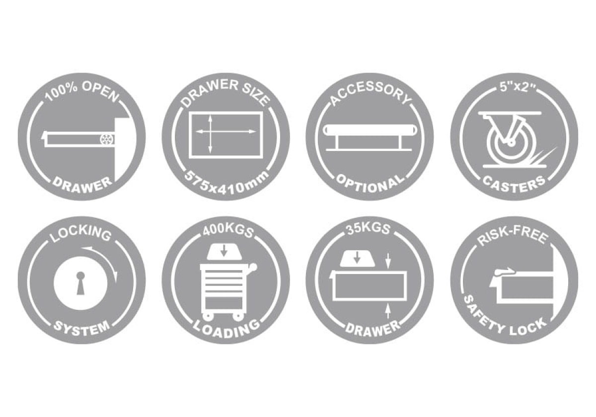 Vozík dílenský, 7 šuplíků, boční kabinet a odpadkový koš, šedý