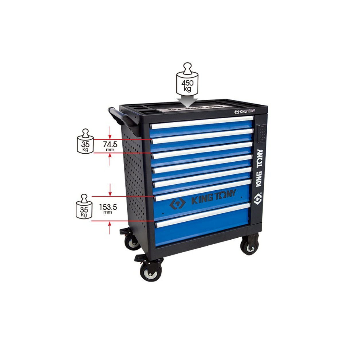 Montážní vozík s elektronickým zámkem, 7 šuplíků a boční kabinet, černo-modrý