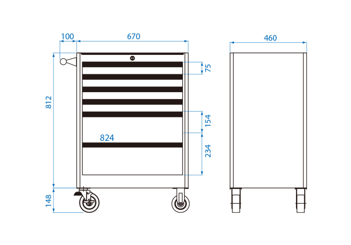 Vozík dílenský, 8 šuplíků, červený, VxŠxH/812x670x460mm