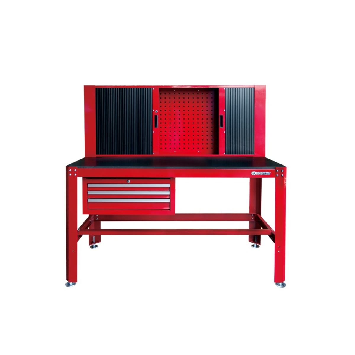 Stůl pracovní, 3 šuplíky, 2 skříňky s roletou + stěna, červený