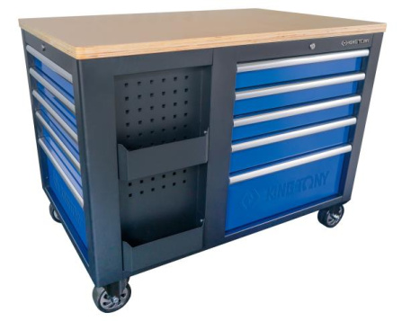 Vozík dílenský, 10 šuplíků a skříňka, dřevěná deska, modro-černý