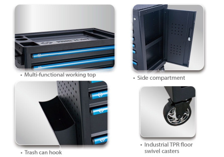 Vozík dílenský, 7 šuplíků, boční kabinet a odpadkový koš, červený