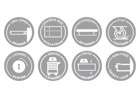 Vozík dílenský, 7 šuplíků, boční kabinet a odpadkový koš, červený