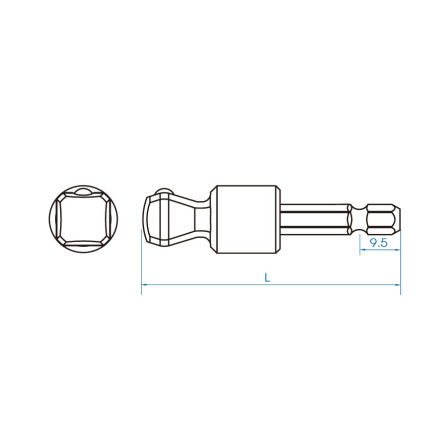 Adapter úhlový s kuličkou 4 hran 1/2 pro vrtačky 6 hran 1/4 L 60 mm