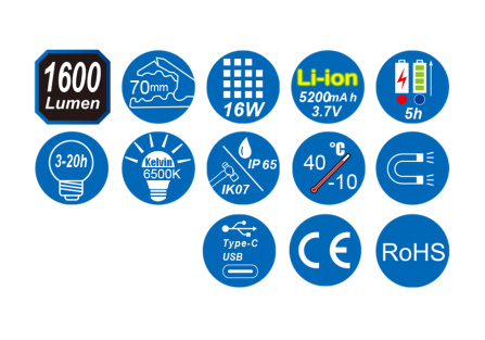 Lampa COB LED 16W, 100-1600 lm, 6500K, IP65, akumulátor 3,7V/5200mAh