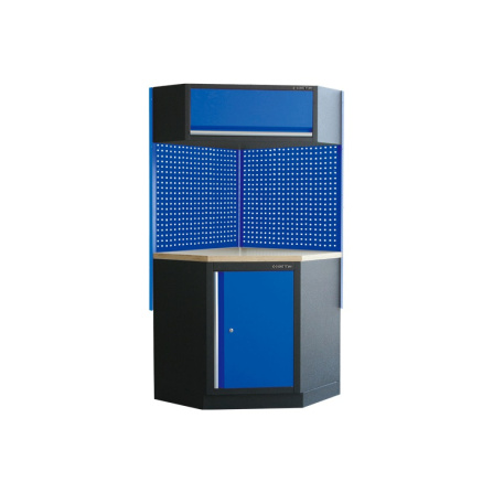Sada rohového dílenského nábytku s dřevěnou deskou (modrý)