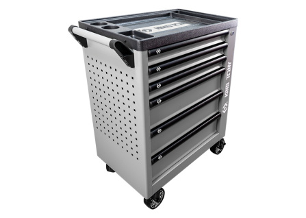 Vozík dílenský, 7 šuplíků, boční kabinet a odpadkový koš, šedý